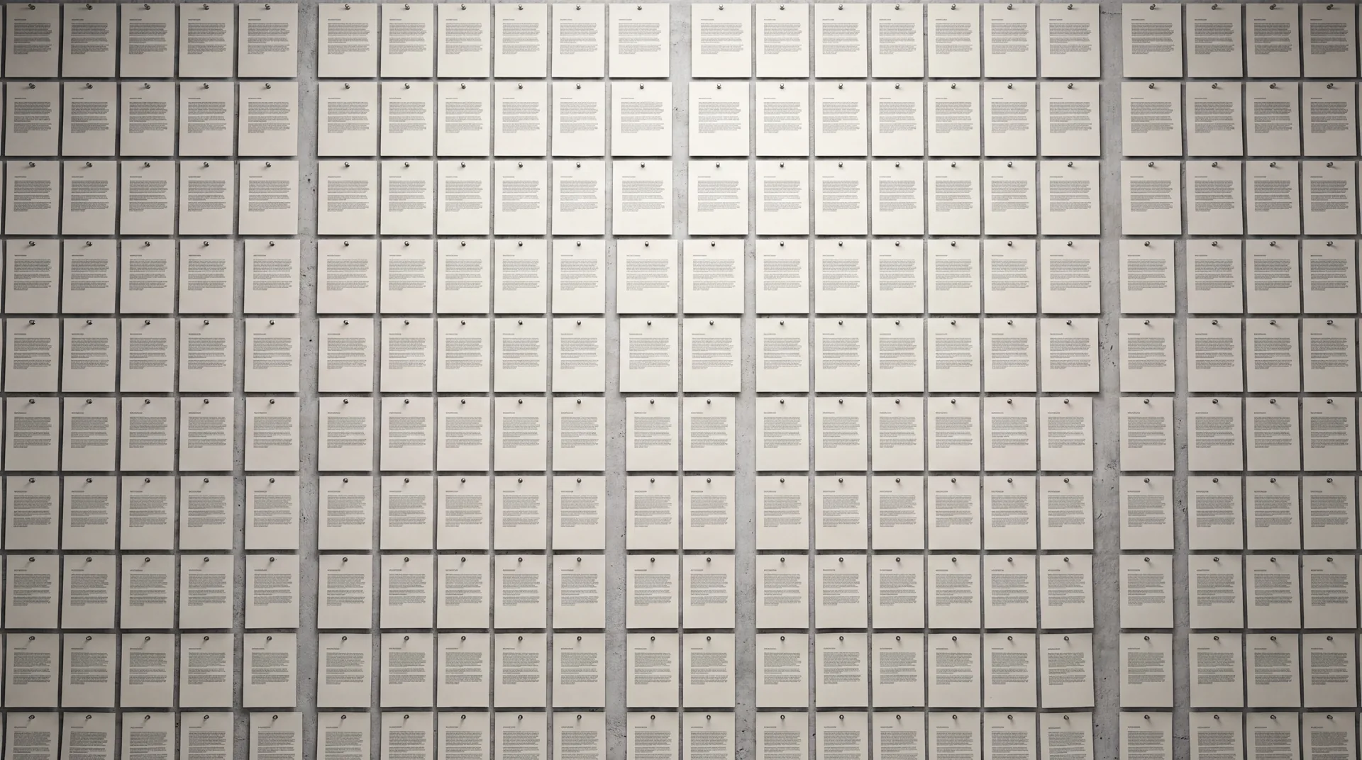 A wall of identical printed pages pinned in a grid, every one of them saying the same thing to nobody.