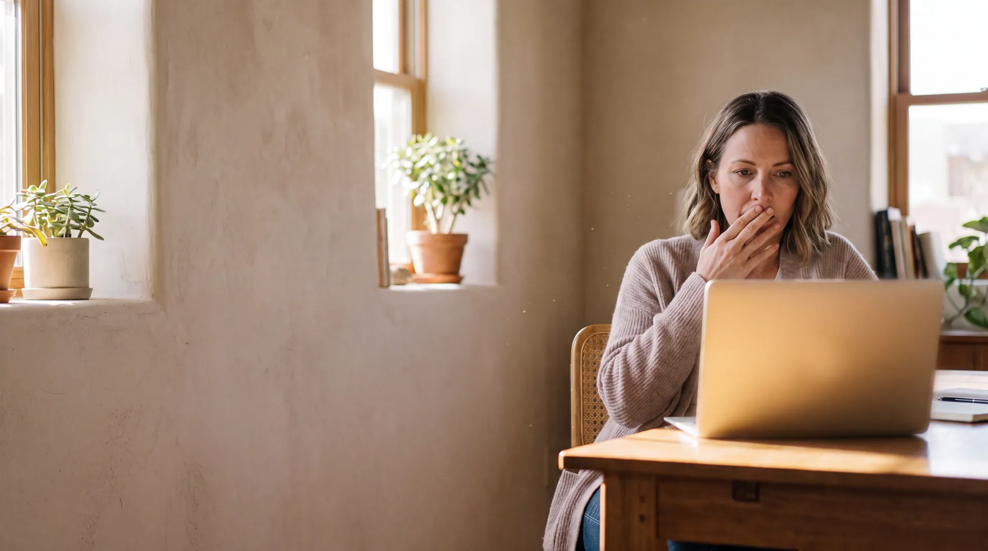 A business owner sitting back from her screen having just read a sentence about her business that she did not write.