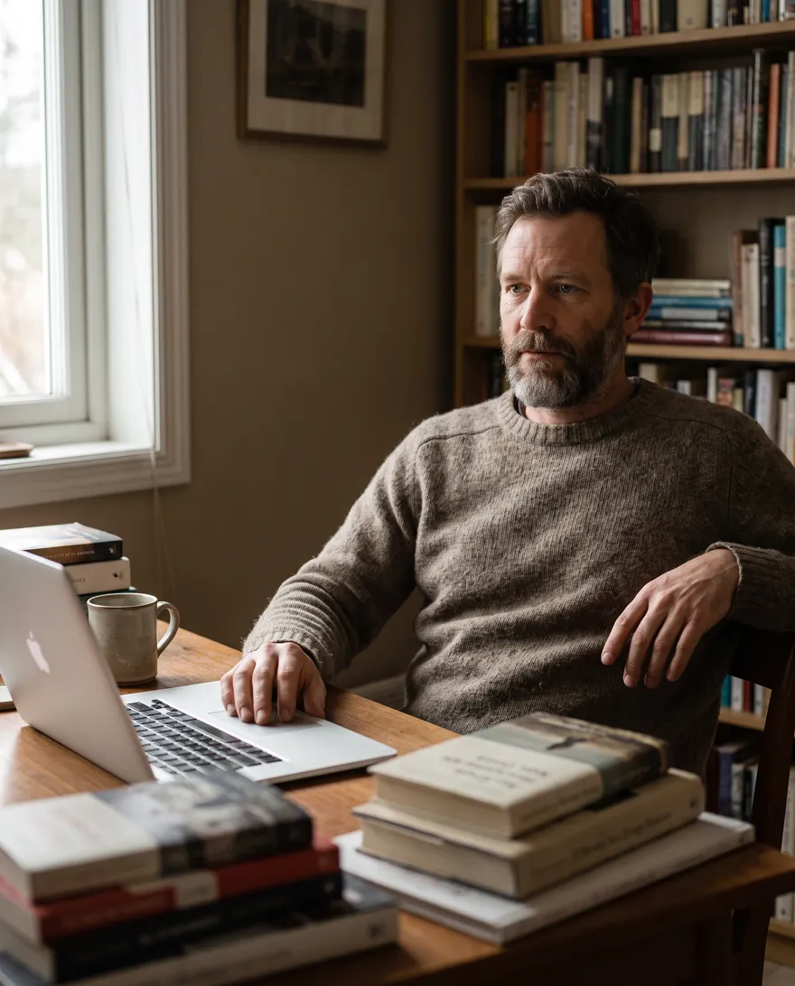 A man in his forties sitting back from a laptop in a small home office, mid-thought.