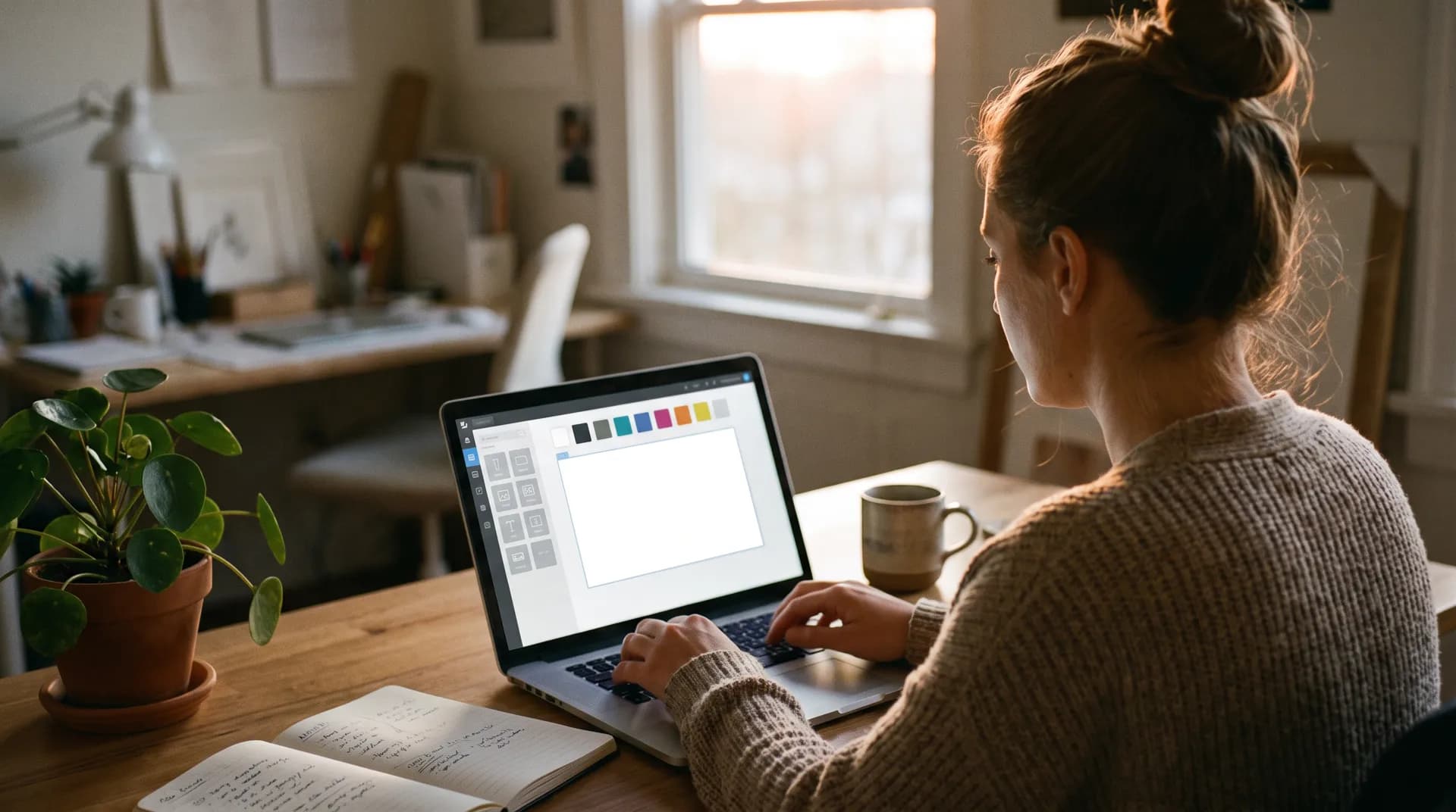 A business owner at a laptop in a small studio, looking at a website editor holding an empty white canvas, a rail of layout blocks and a row of color swatches.