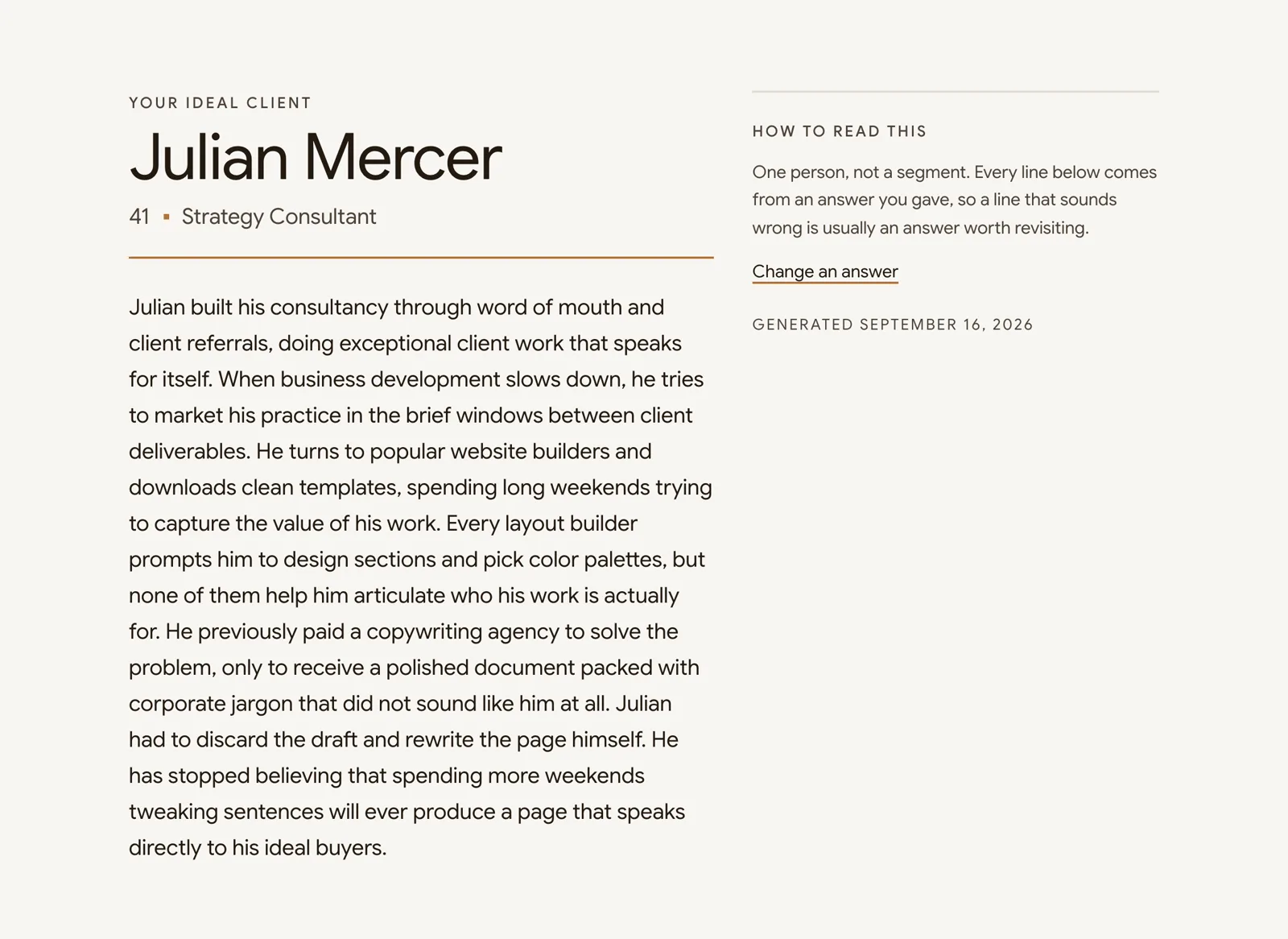 Spark's finished profile screen, showing a named ideal client, their age and occupation, and a paragraph describing their situation.